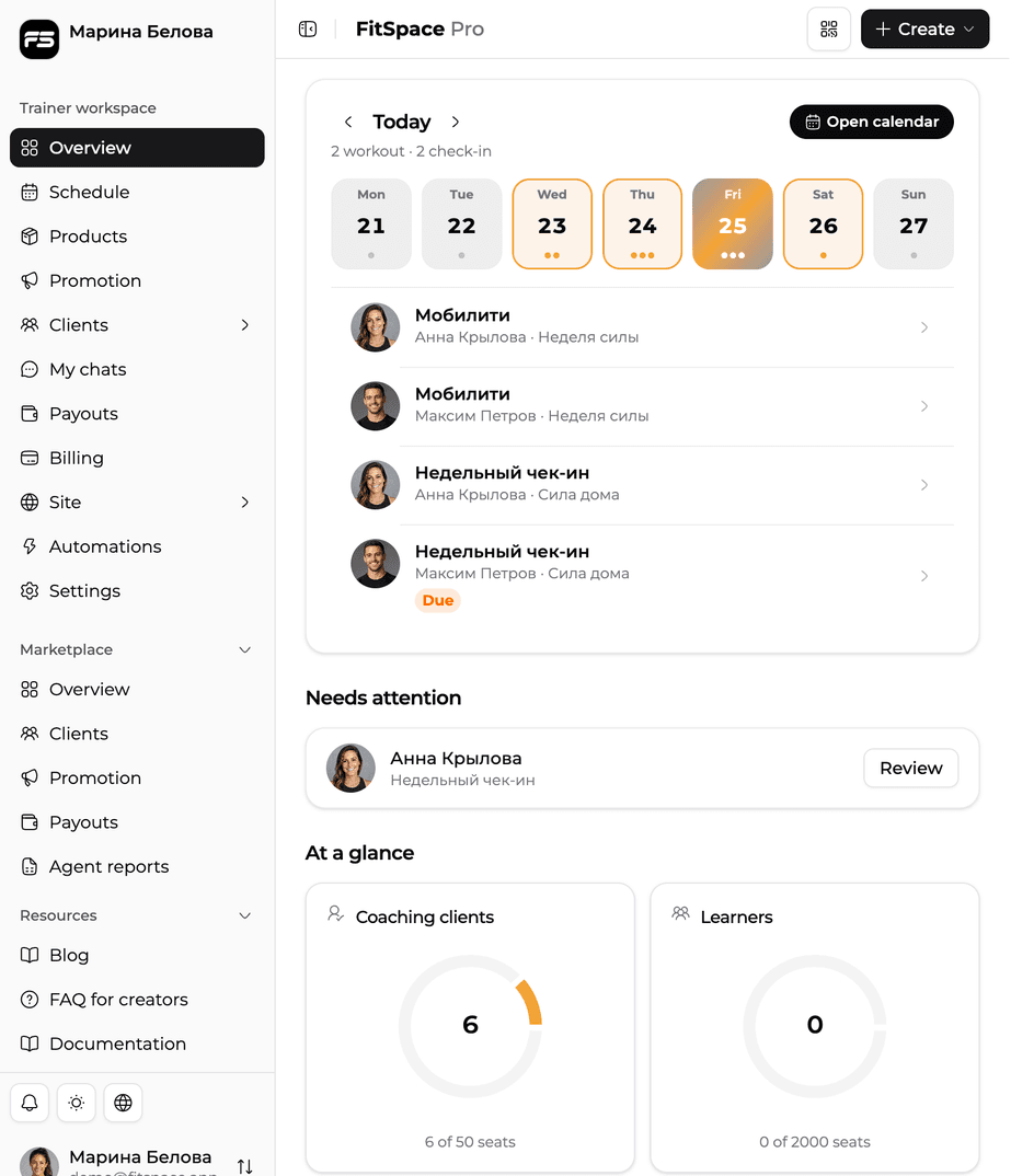 Демонстрационный интерфейс FitSpace для тренеров