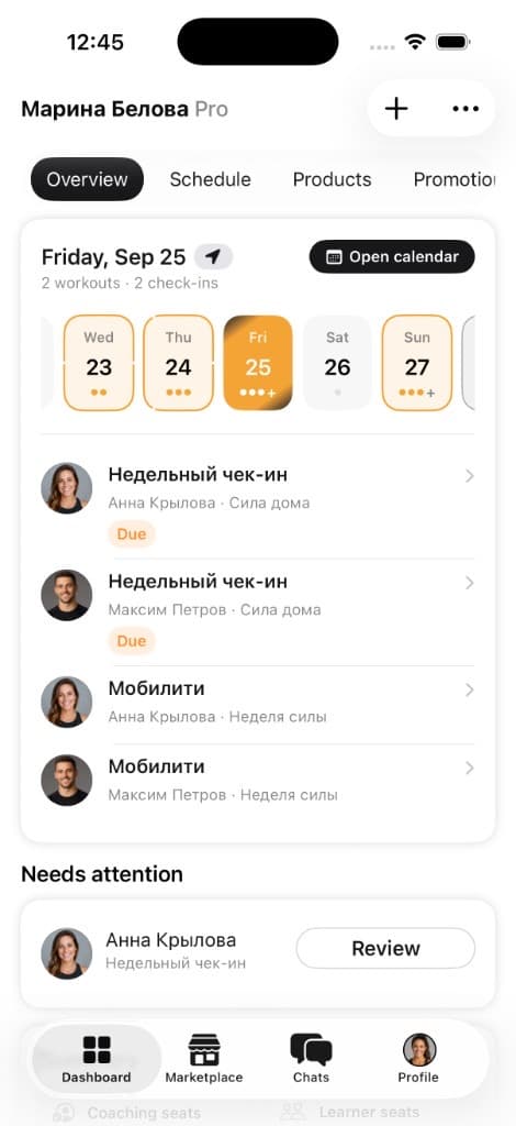 Демонстрационный интерфейс FitSpace для тренеров
